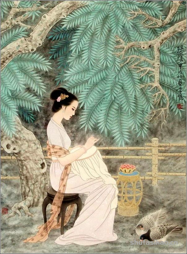 古典美女，如花照水！（工笔仕女图李鸣 等绘）-书法思考网