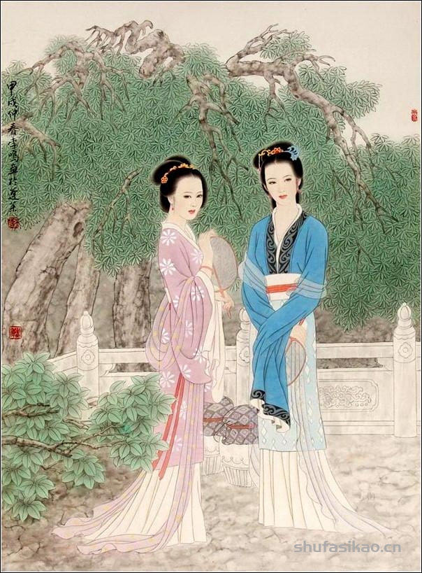 古典美女，如花照水！（工笔仕女图李鸣 等绘）-书法思考网