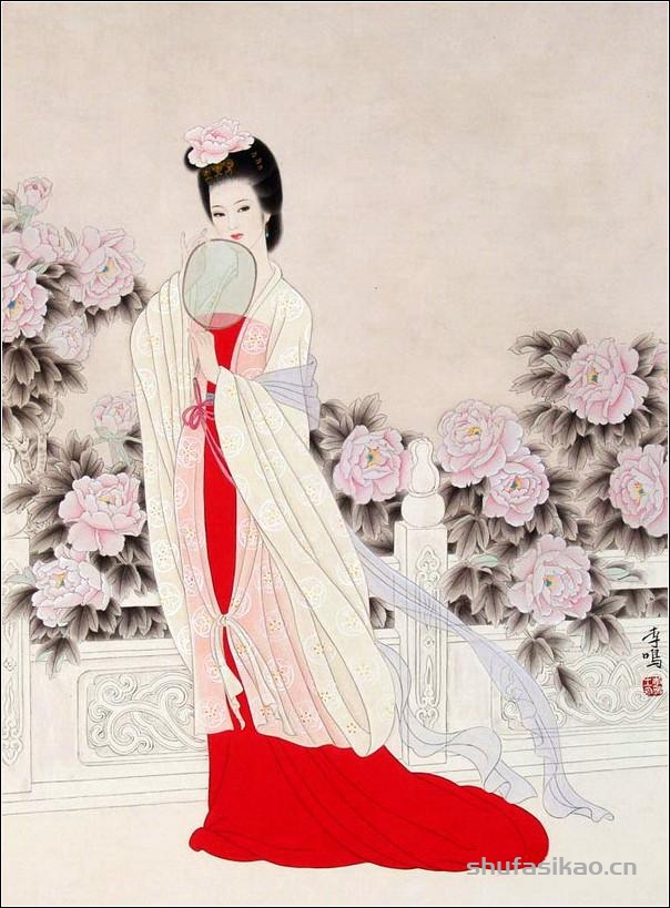 古典美女，如花照水！（工笔仕女图李鸣 等绘）-书法思考网