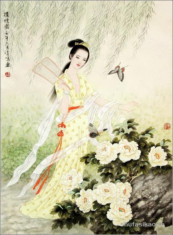 古典美女，如花照水！（工笔仕女图李鸣 等绘）-书法思考网