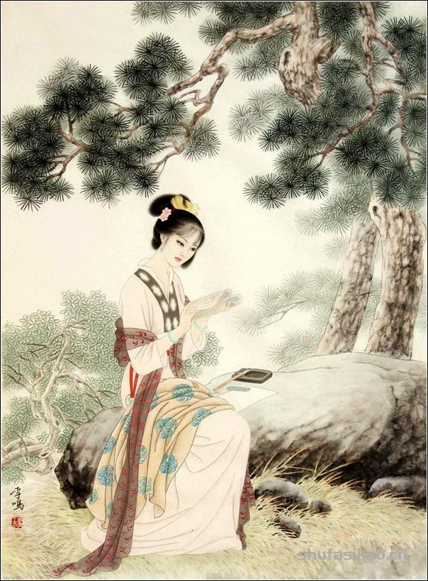 古典美女，如花照水！（工笔仕女图李鸣 等绘）-书法思考网