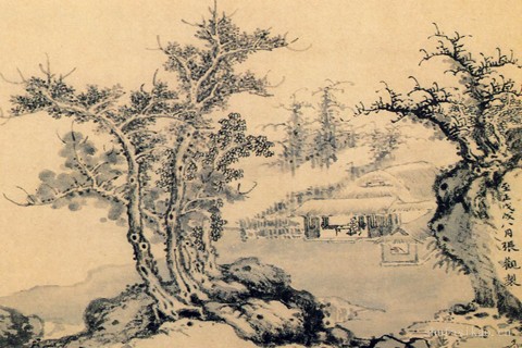 疏林茅屋图卷-张观